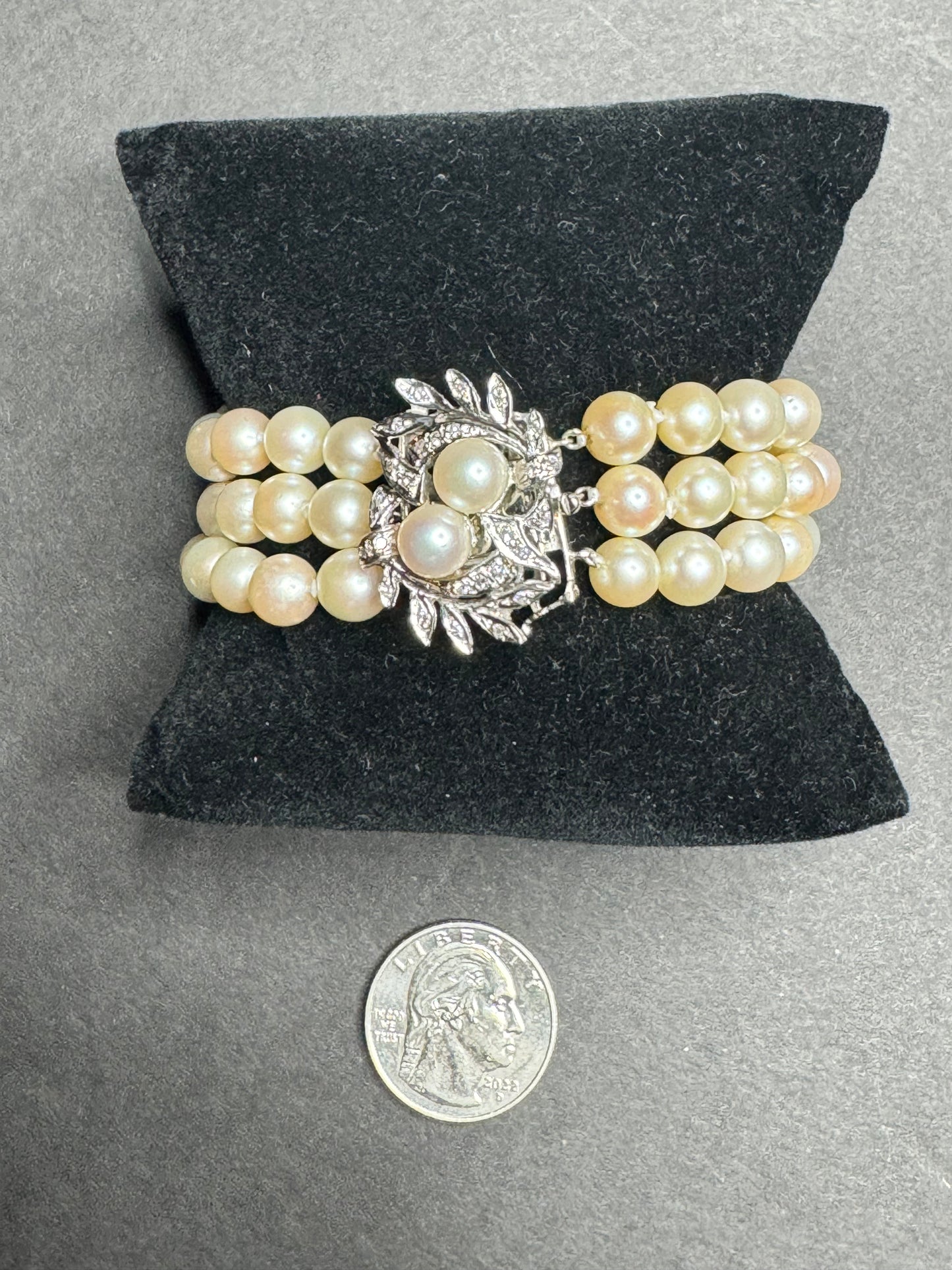 14k Three Strand Diamond and Pearl Bracelet