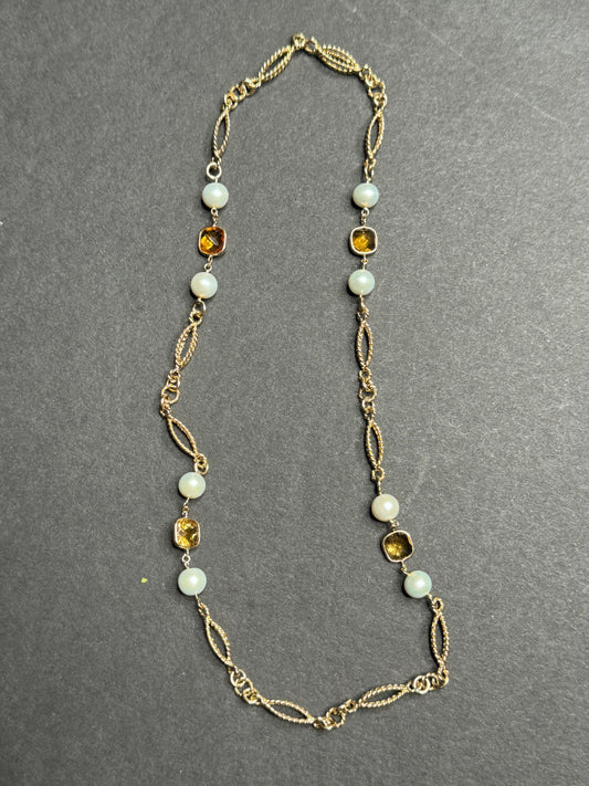 14k 1950s Pearl and Citrine Knot Necklace