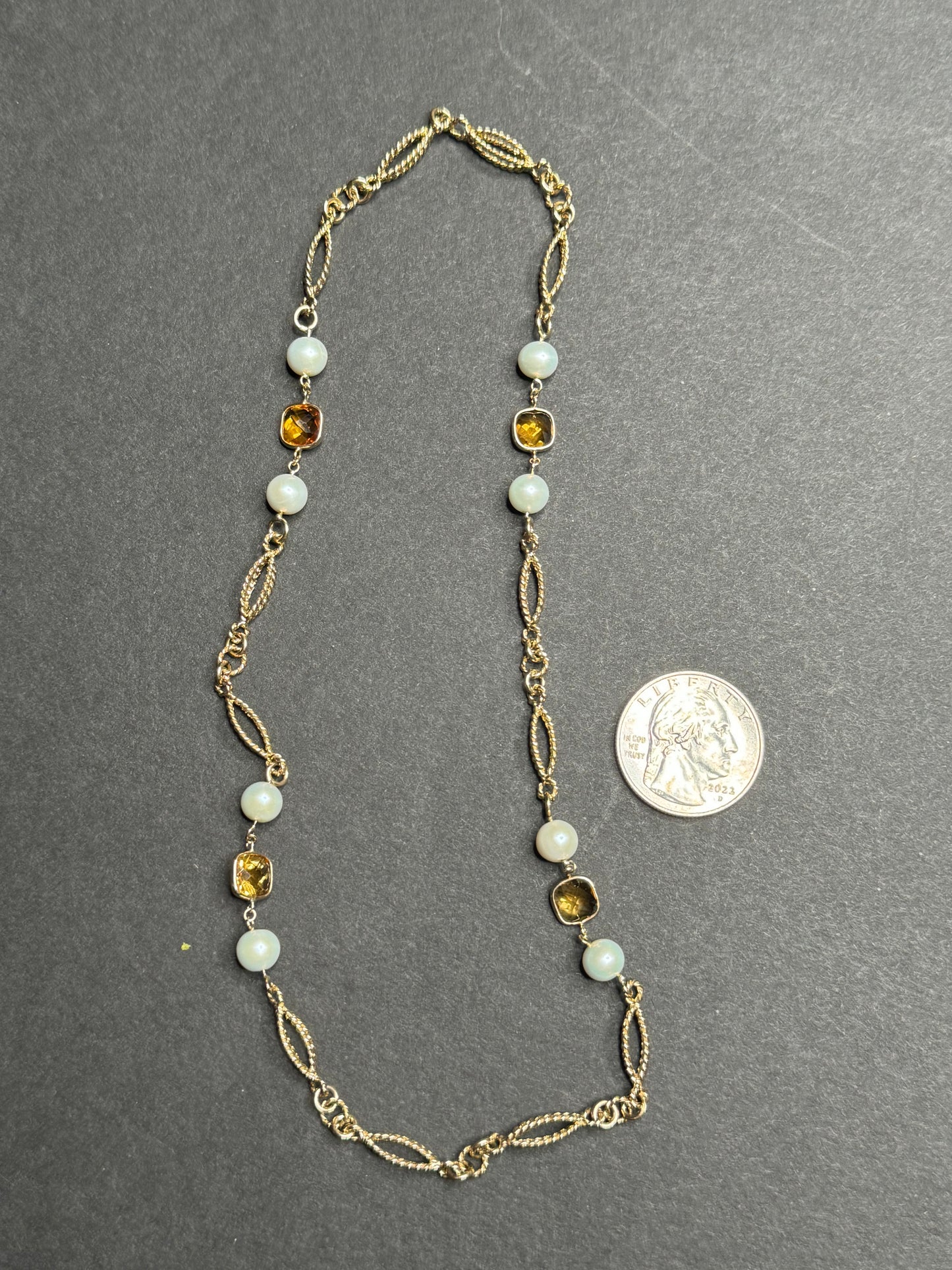 14k 1950s Pearl and Citrine Knot Necklace