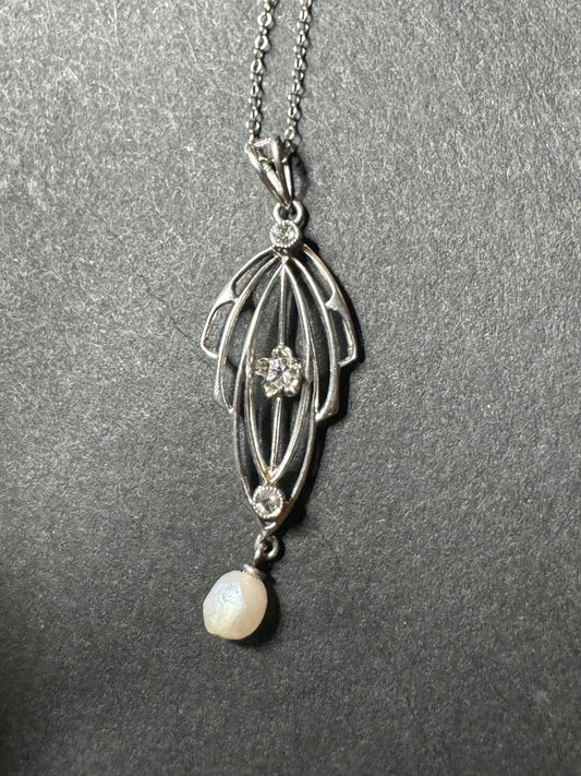 10k Art Nouveau White Gold Mine Cut Diamond and Pearl Lavalier