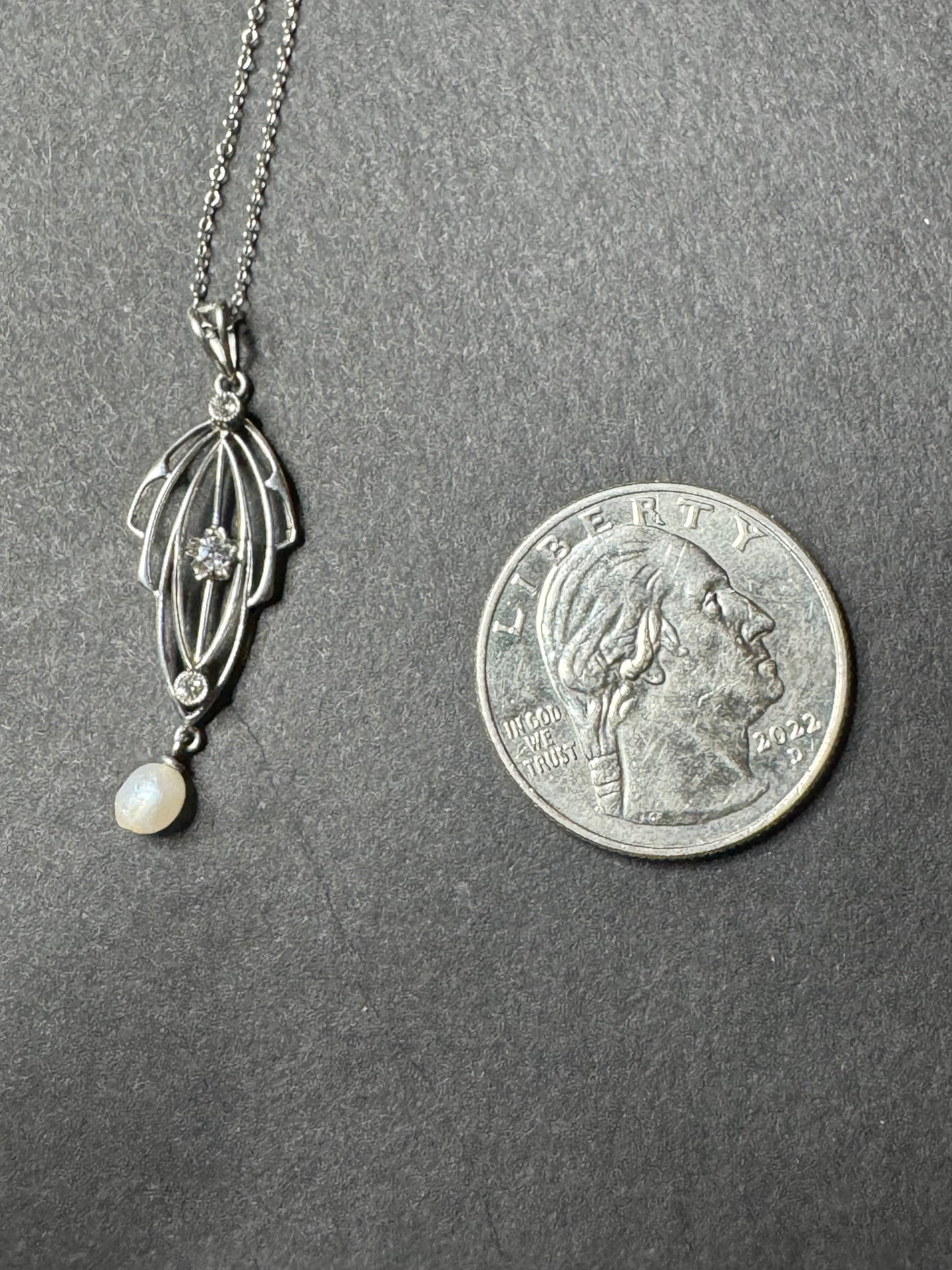 10k Art Nouveau White Gold Mine Cut Diamond and Pearl Lavalier