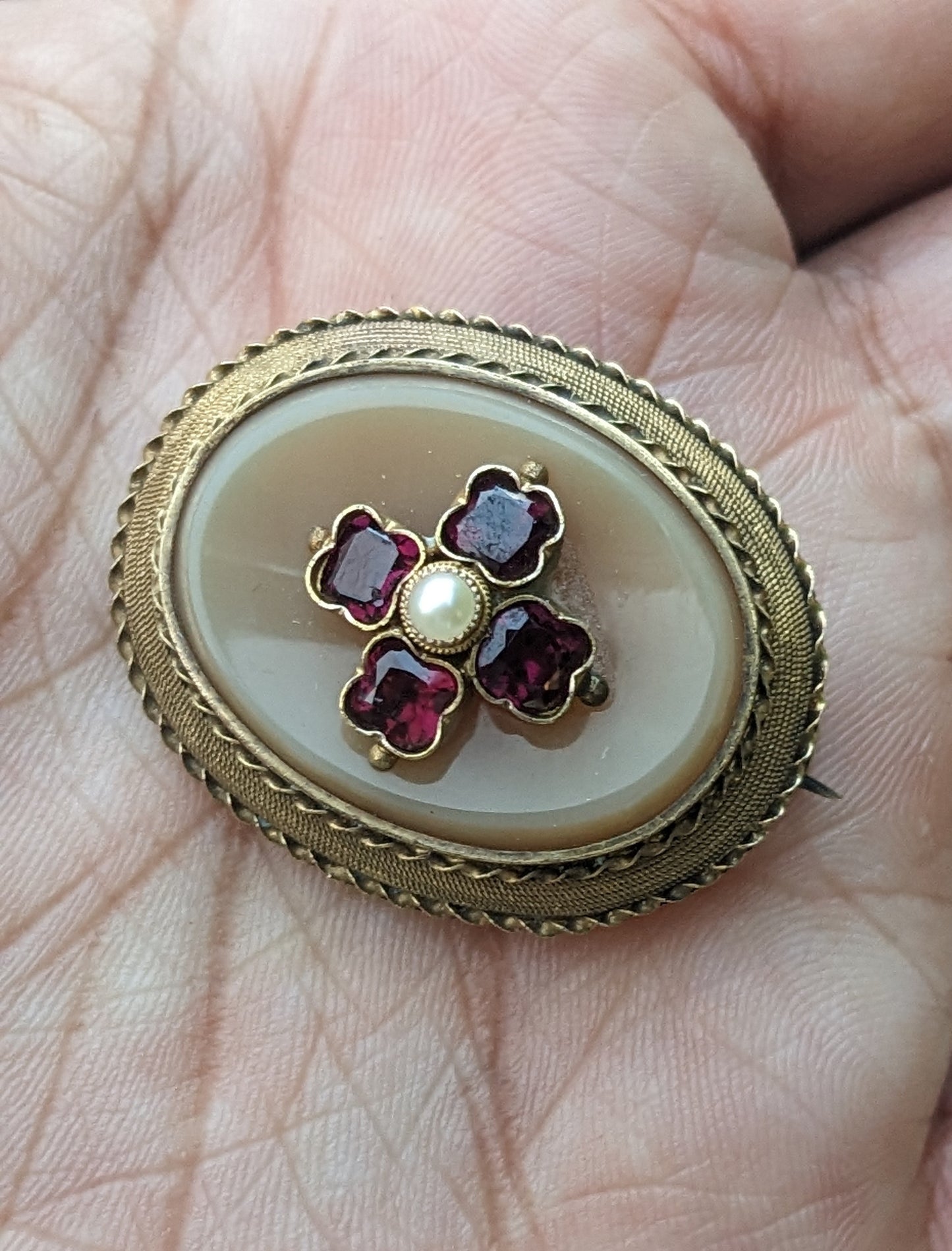 18k Victorian Gold, Garnet, Agate, and Pearl Brooch