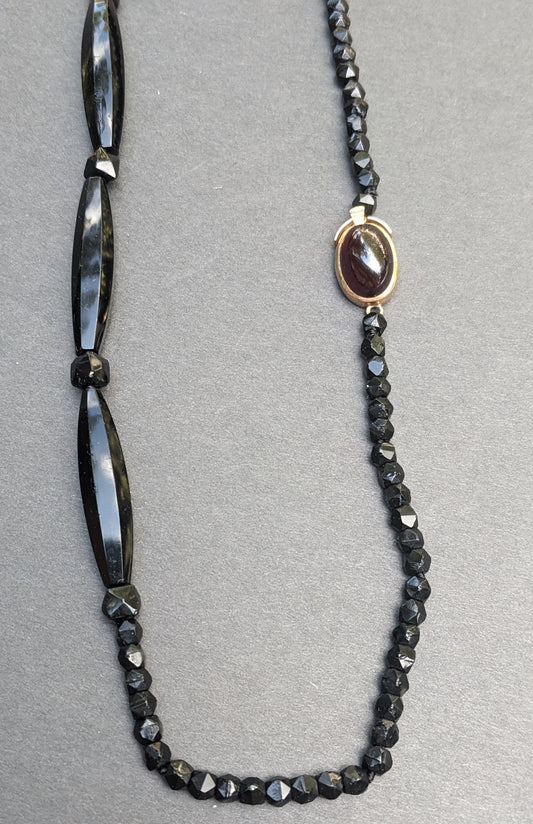 Jet Necklace with 14k Gold Garnet Clasp