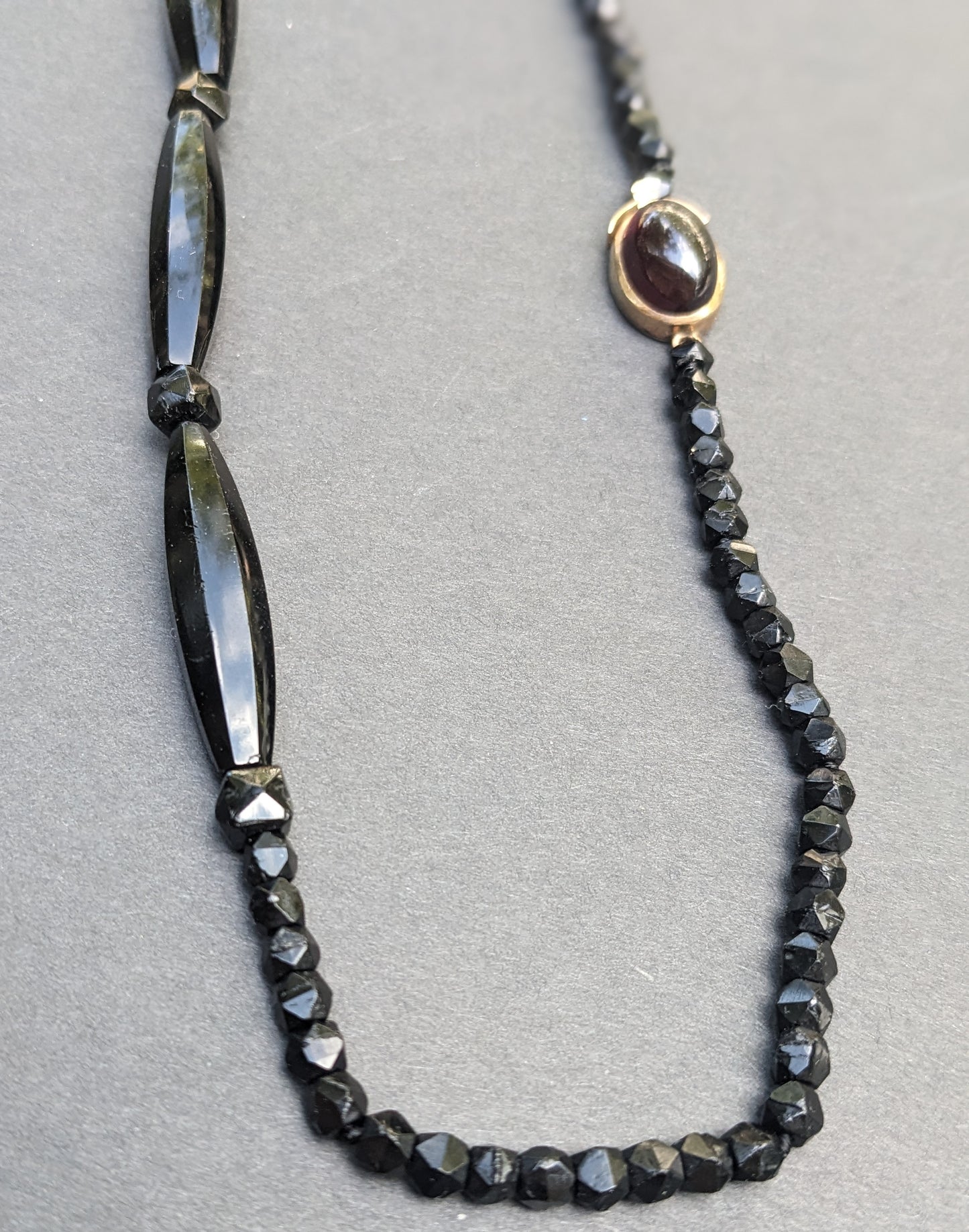 Jet Necklace with 14k Gold Garnet Clasp