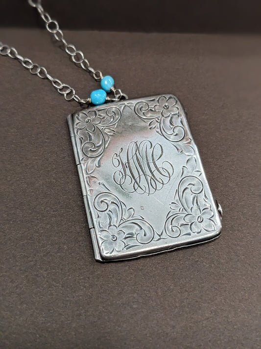 1900's Sterling Rectangular Locket with Sterling and Turquoise Chain