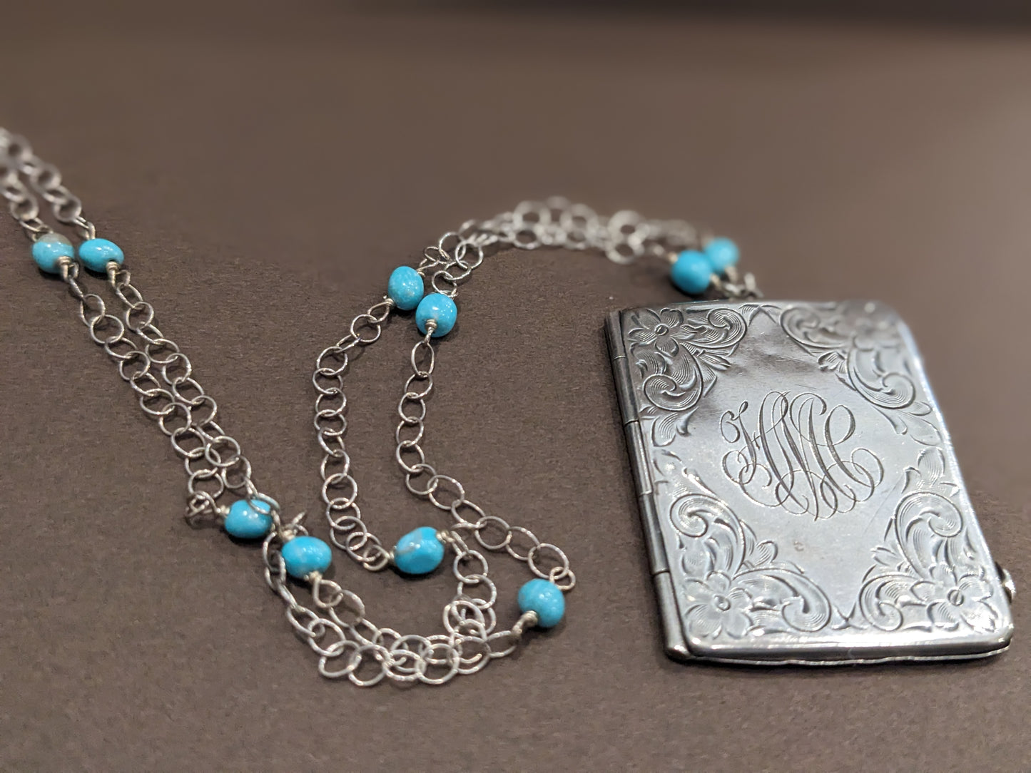 1900's Sterling Rectangular Locket with Sterling and Turquoise Chain