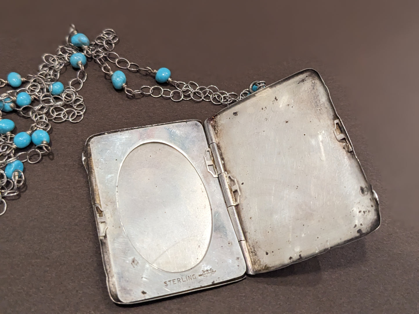 1900's Sterling Rectangular Locket with Sterling and Turquoise Chain