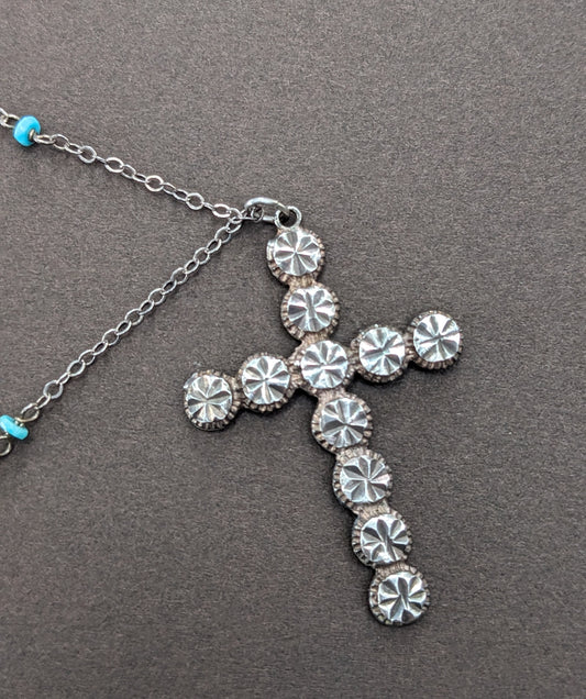 1900s Sterling Hobnail Cross on Sterling and Turquoise Chain