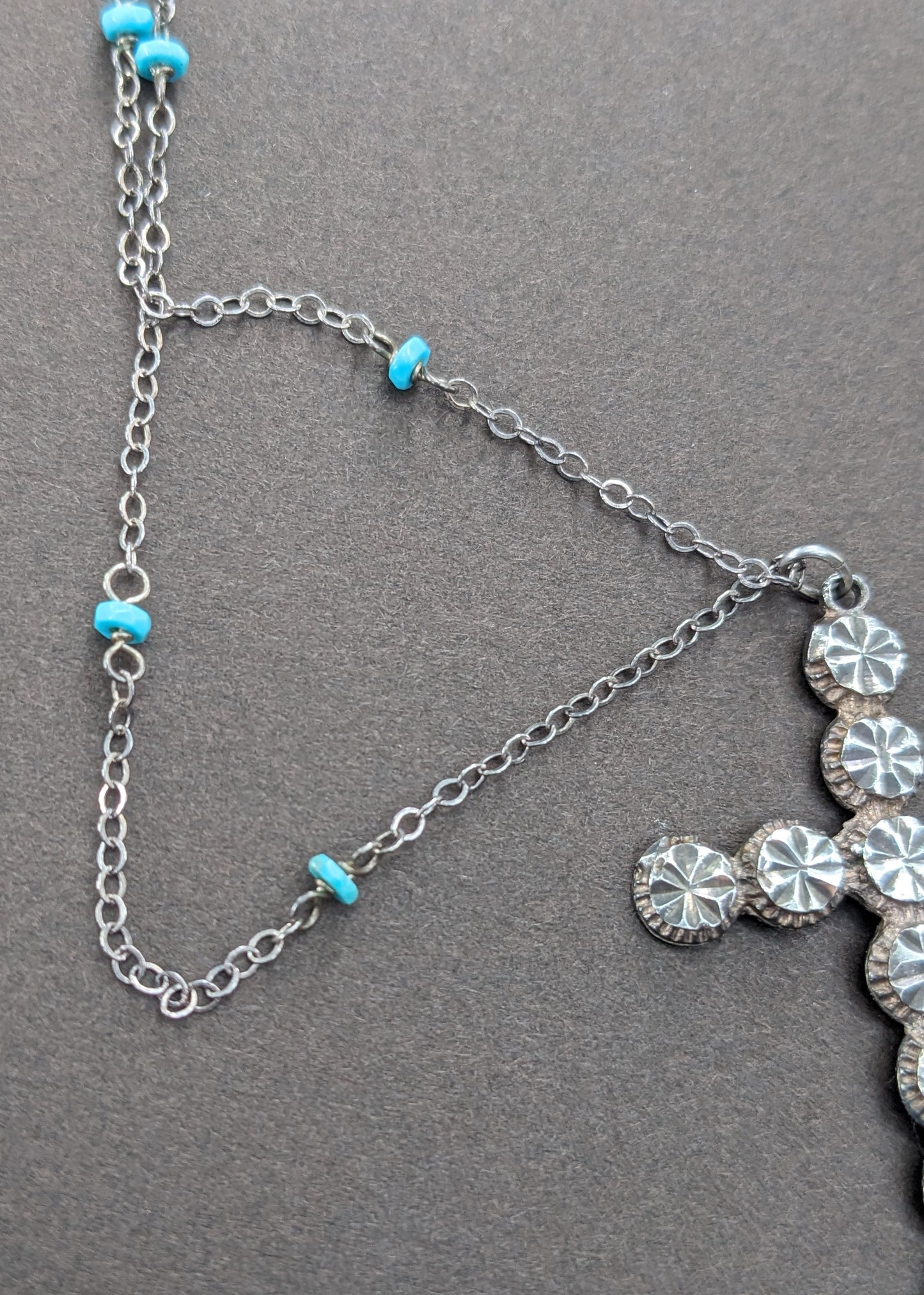 1900s Sterling Hobnail Cross on Sterling and Turquoise Chain