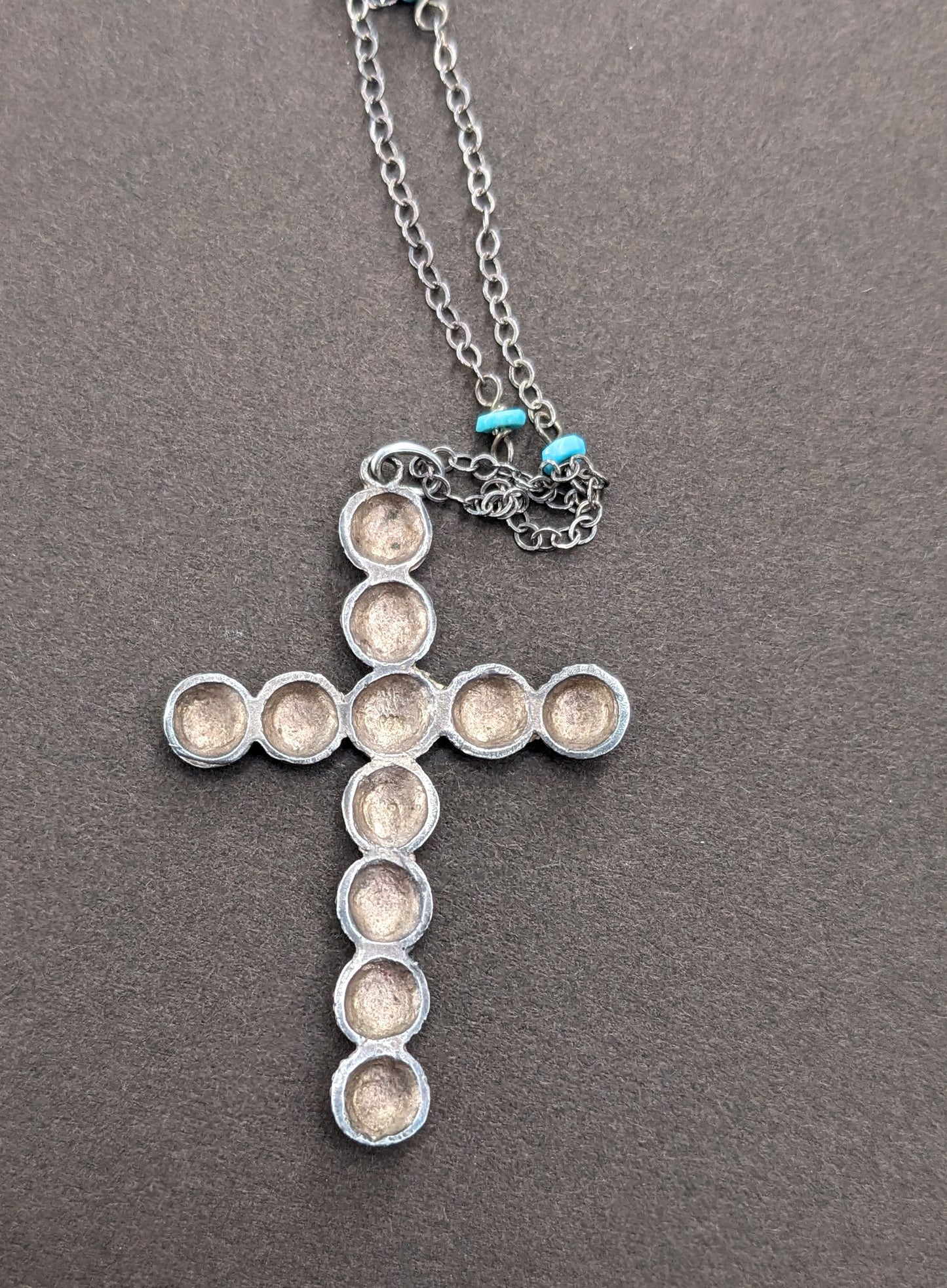 1900s Sterling Hobnail Cross on Sterling and Turquoise Chain