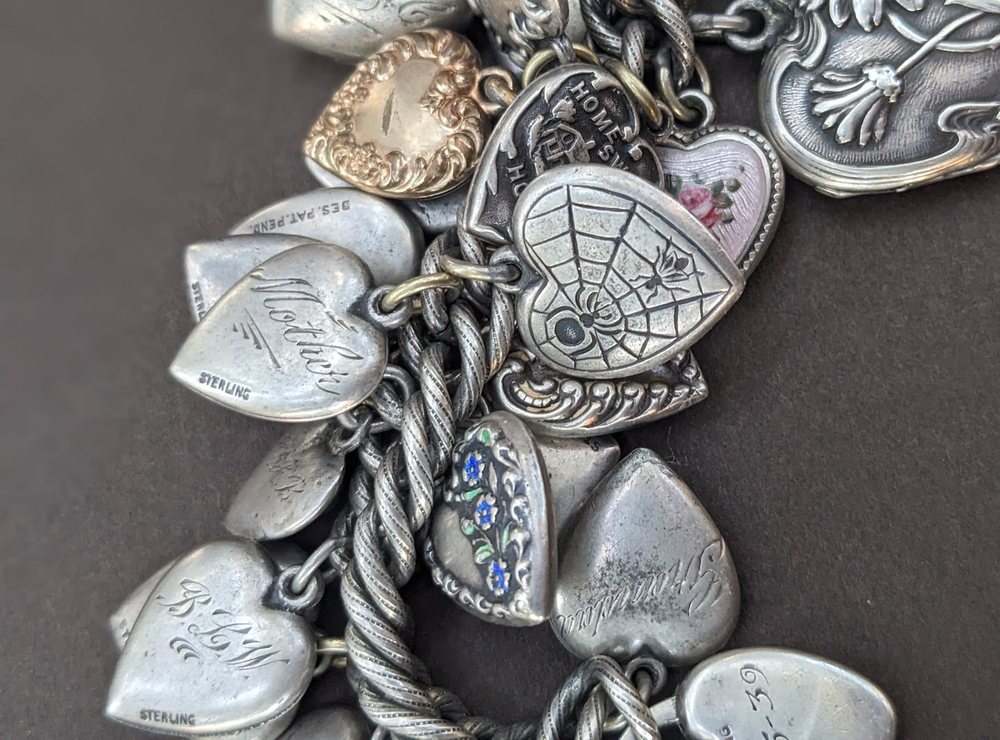 Amazing sterling puffy heart bracelet on patterned curb with heart & key clasp