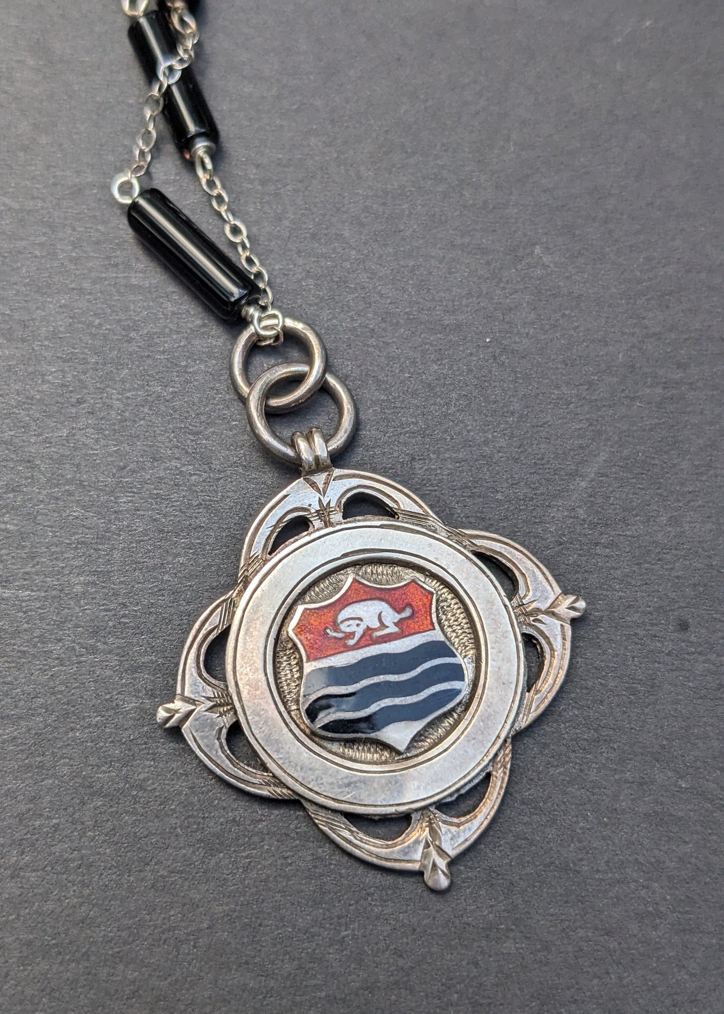 English Award Fob Enamel on Sterling and onyx chain