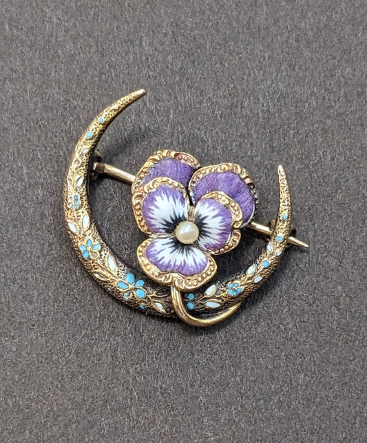 Crescent Moon and Pansy Brooch