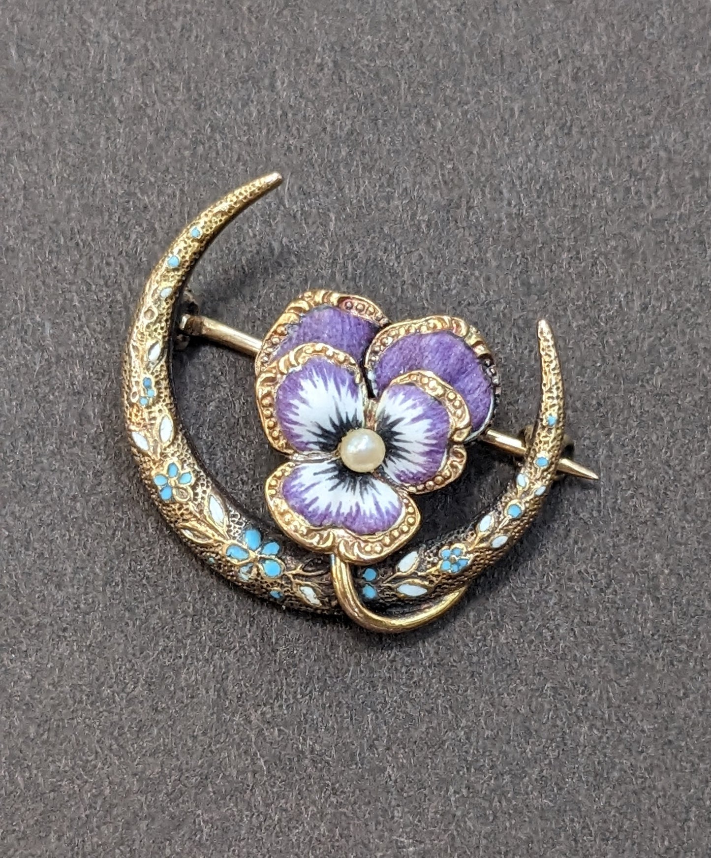 Crescent Moon and Pansy Brooch