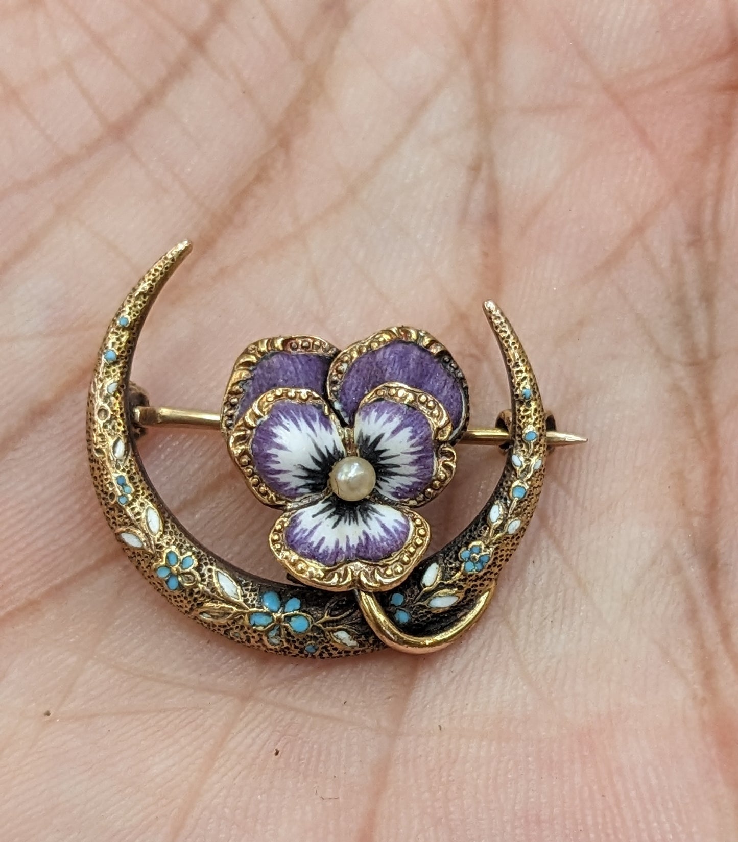 Crescent Moon and Pansy Brooch