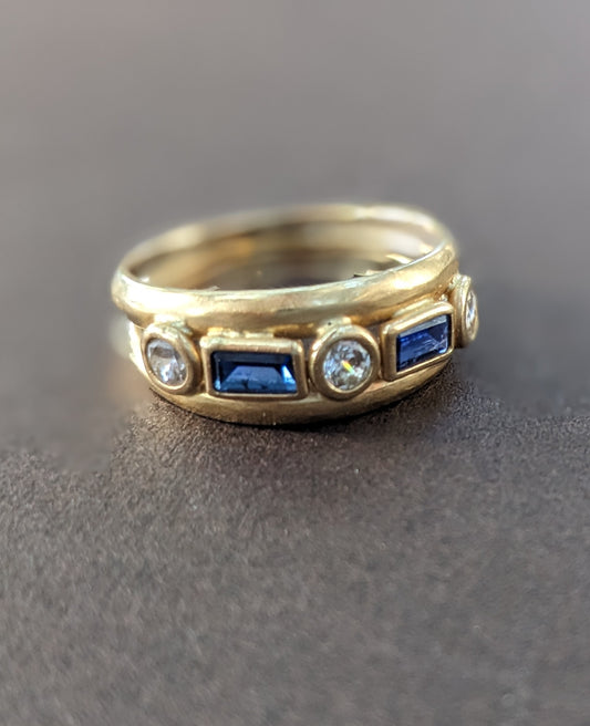 18k Transitional Cut diamonds and sapphire ring