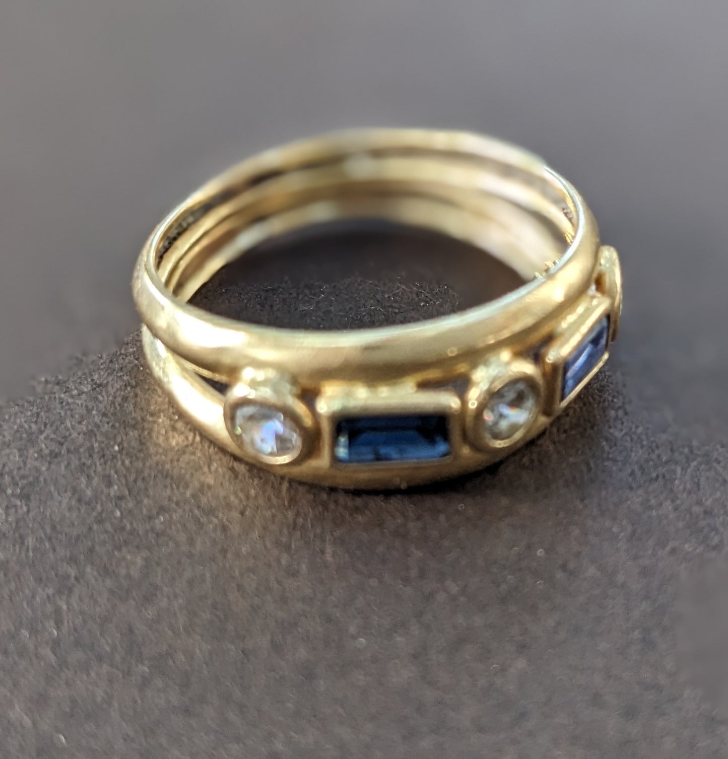 18k Transitional Cut diamonds and sapphire ring