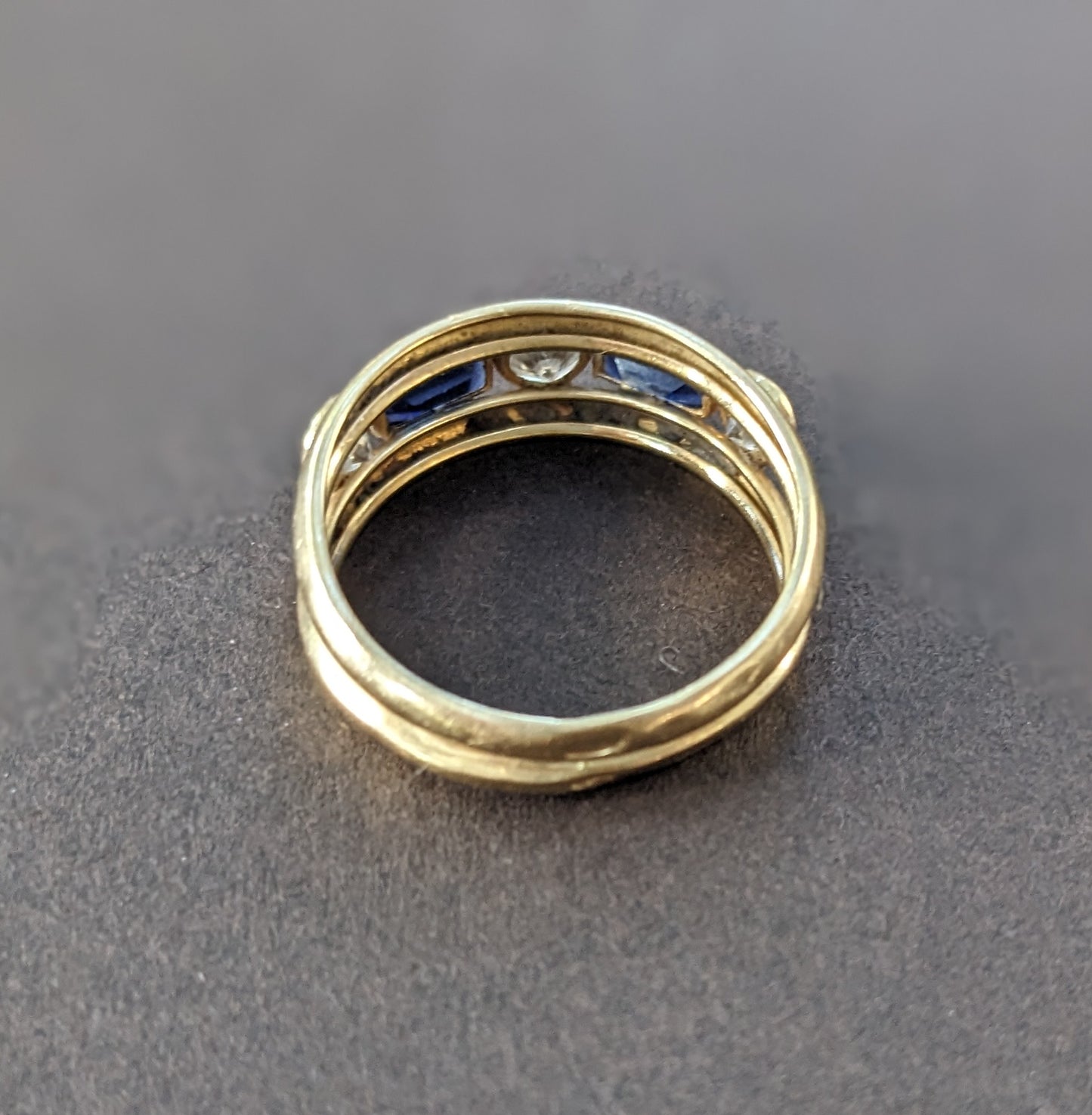 18k Transitional Cut diamonds and sapphire ring