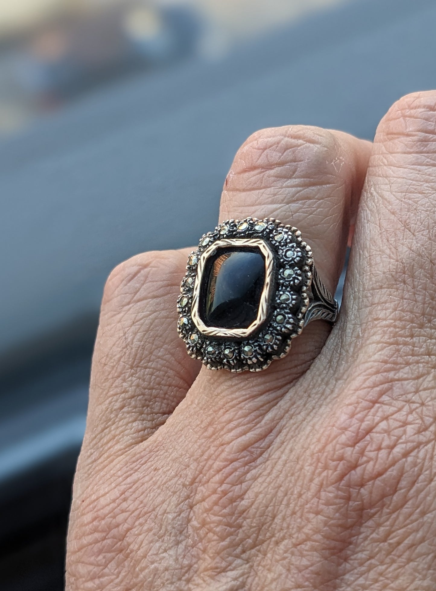 German 14k & silver ring with onyx