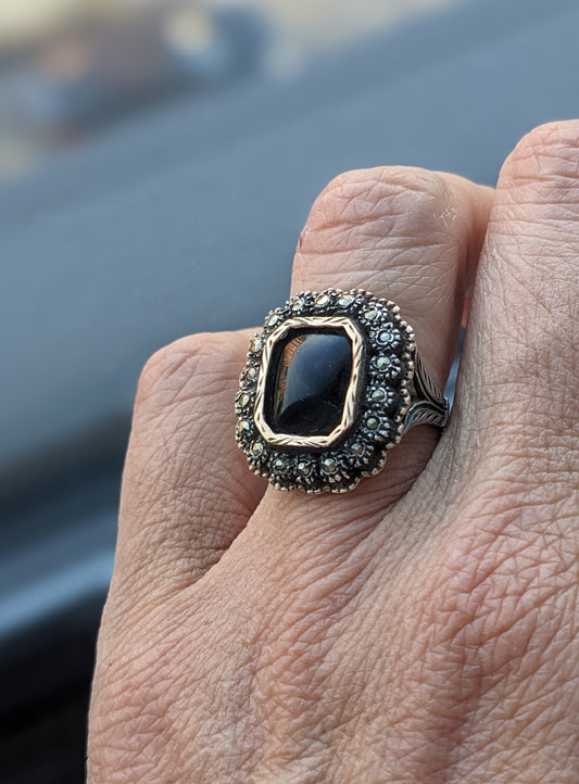 German 14k & silver ring with onyx