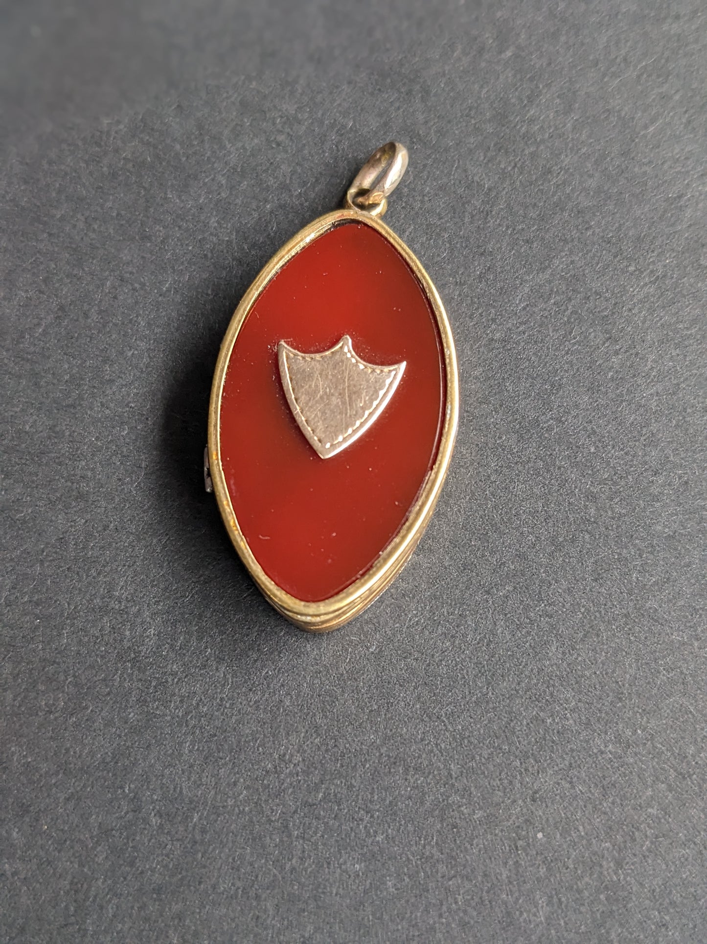 Carnelian and Gold Marquis Shaped Engraved Locket with Shield