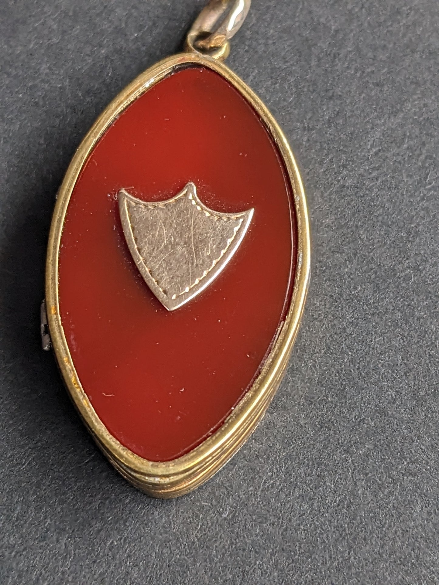 Carnelian and Gold Marquis Shaped Engraved Locket with Shield