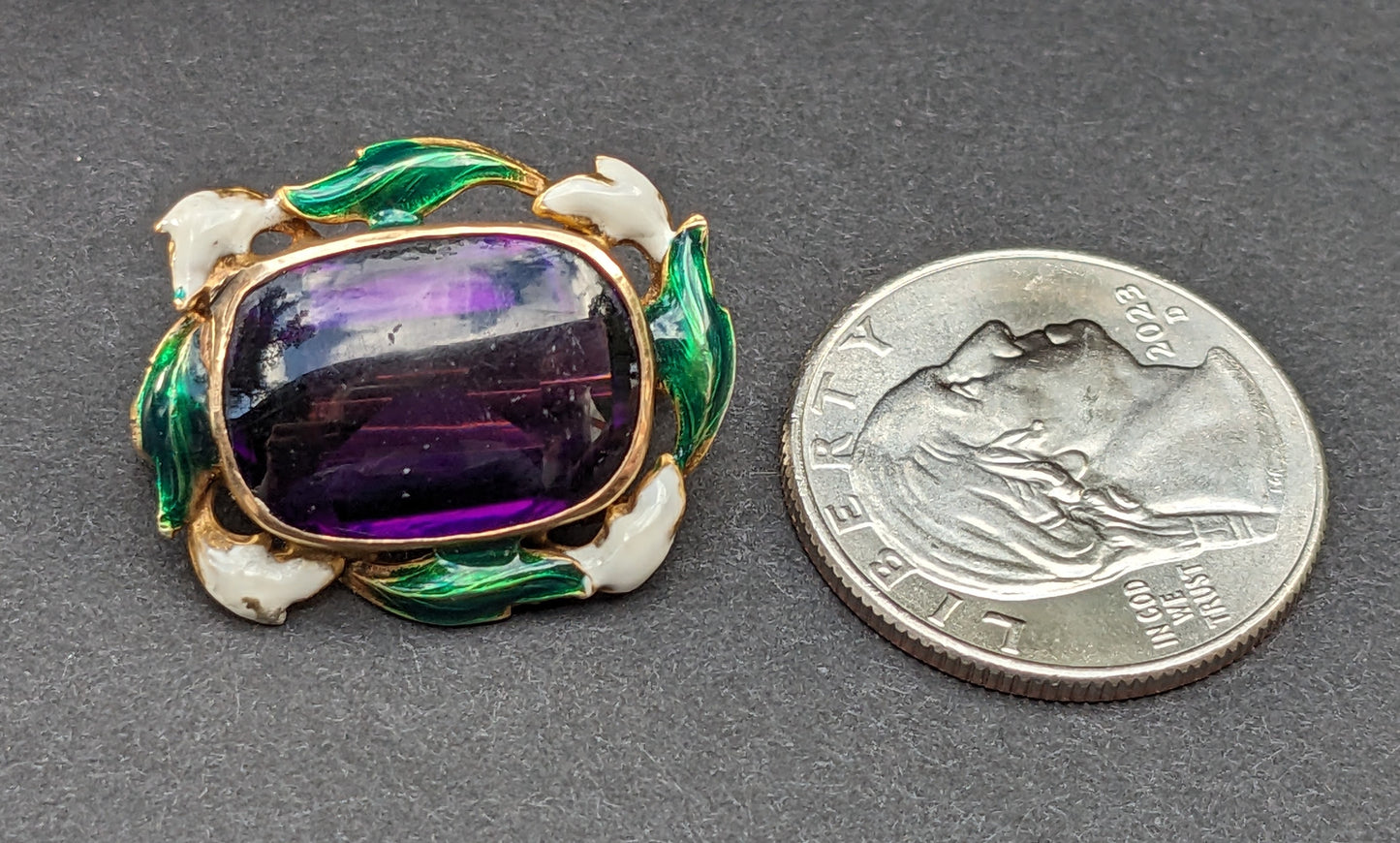 Amethyst enamel brooch white and green