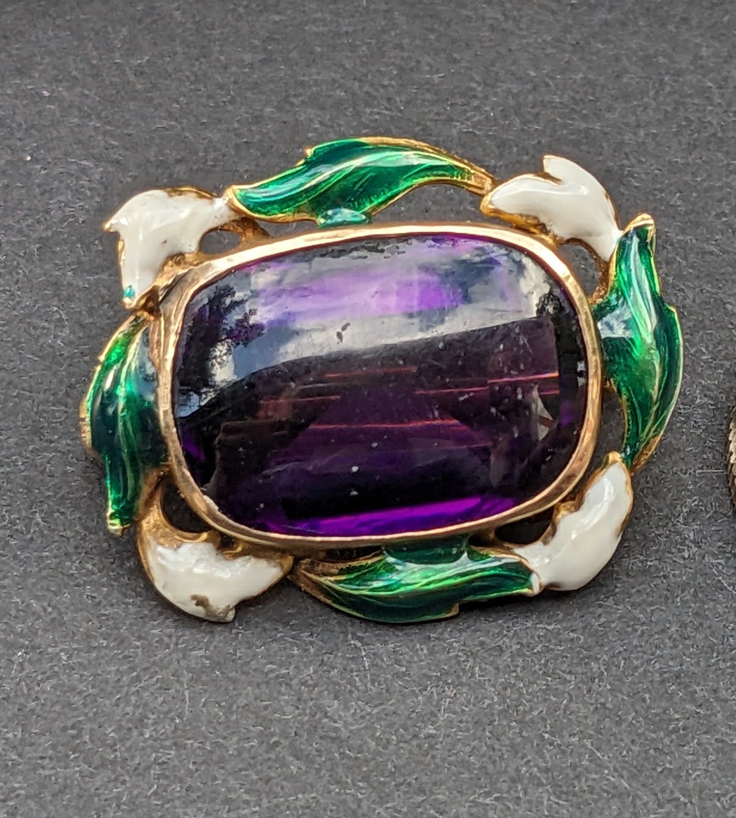 Amethyst enamel brooch white and green