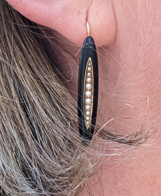 Black enamel and seed pearl elongated earrings