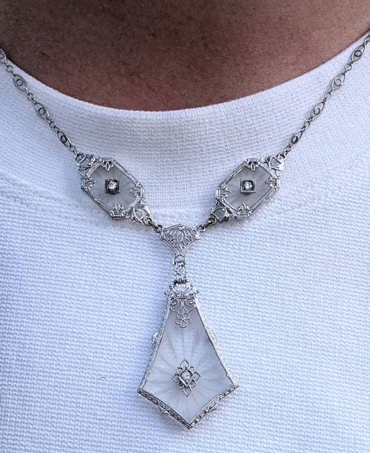White gold Camphor glass necklace with diamonds and original chain