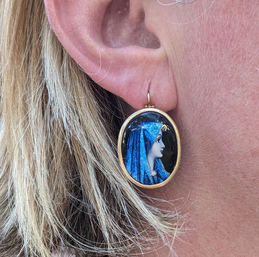 Enamel Mary in blue mantle earrings