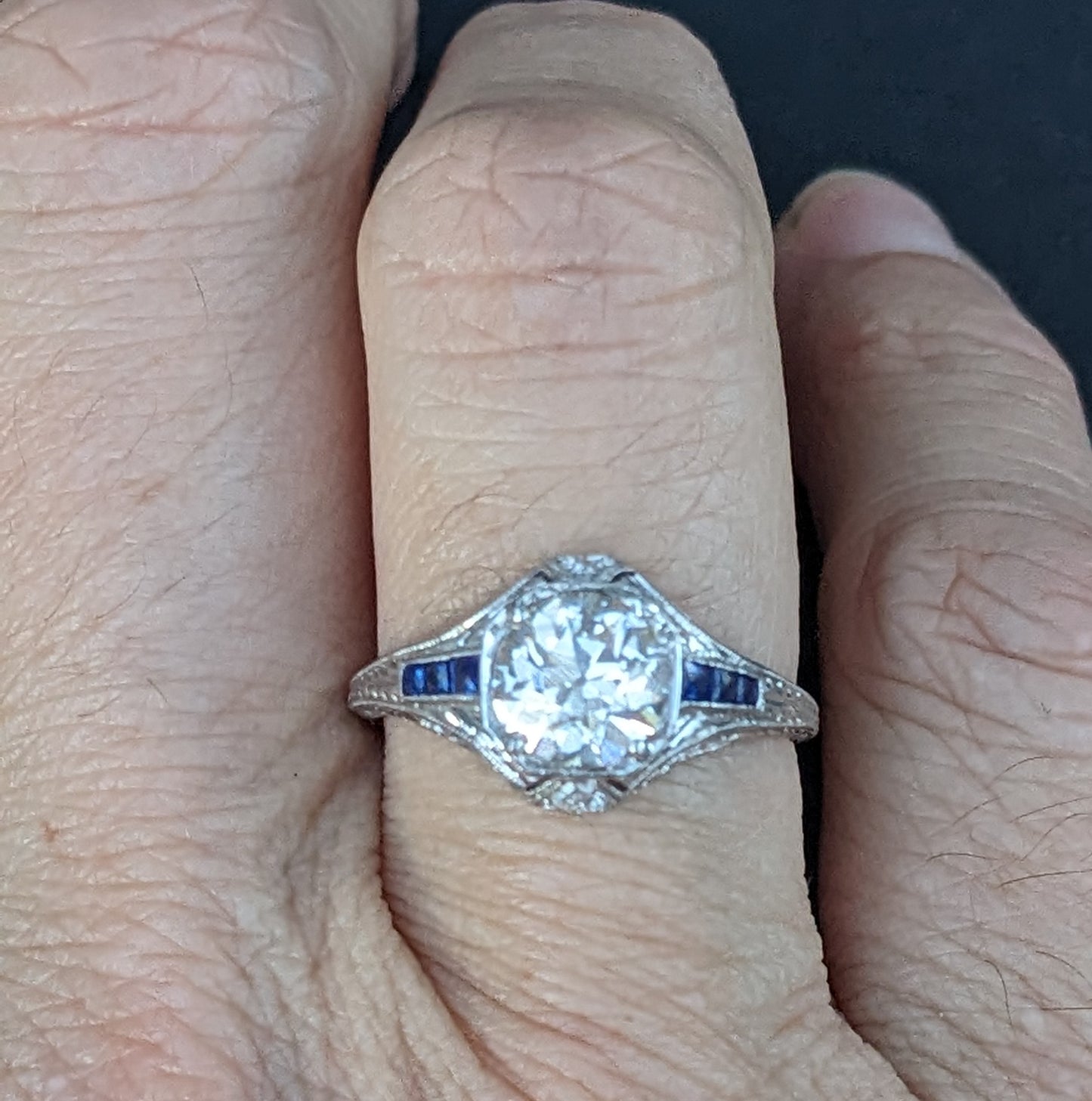 Edwardian Platinum and Diamond Ring with Sapphire Accents