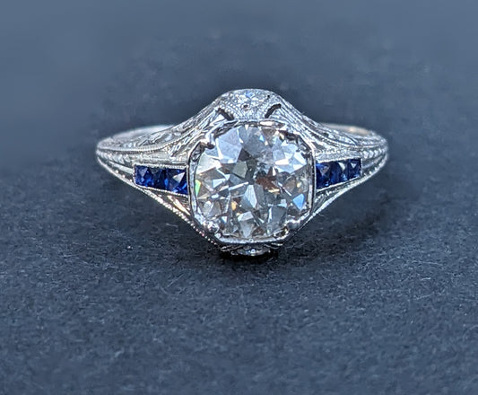 Edwardian Platinum and Diamond Ring with Sapphire Accents