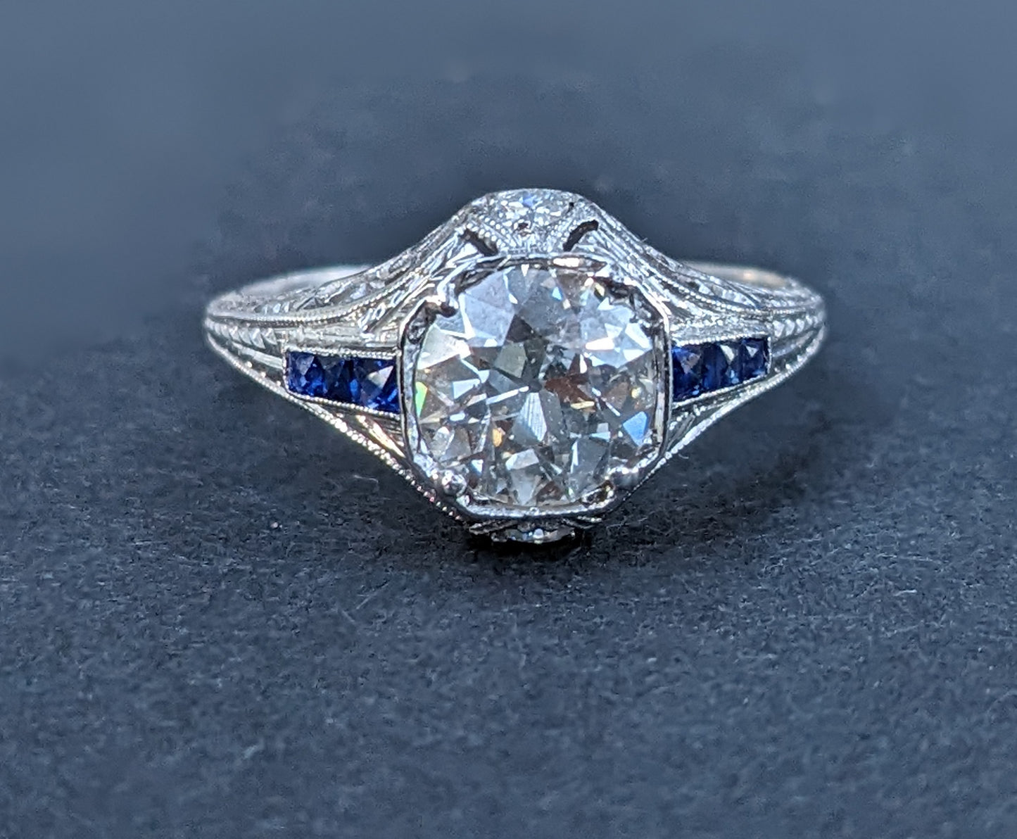 Edwardian Platinum and Diamond Ring with Sapphire Accents