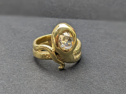 Heavy snake ring with wrapped tail and rose cut diamond center