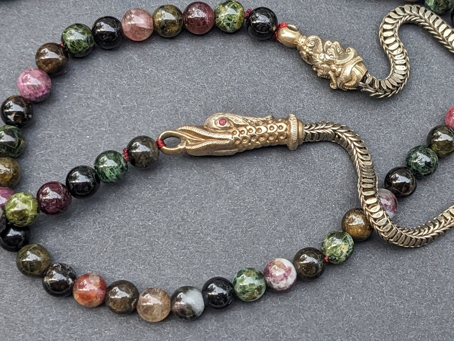 Tourmaline and German silver sea monster necklace