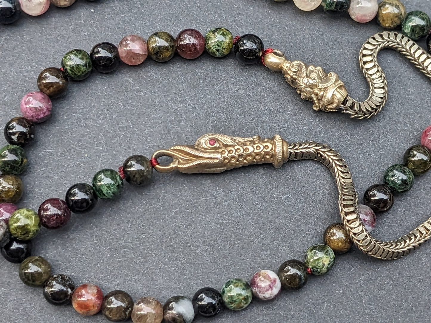 Tourmaline and German silver sea monster necklace