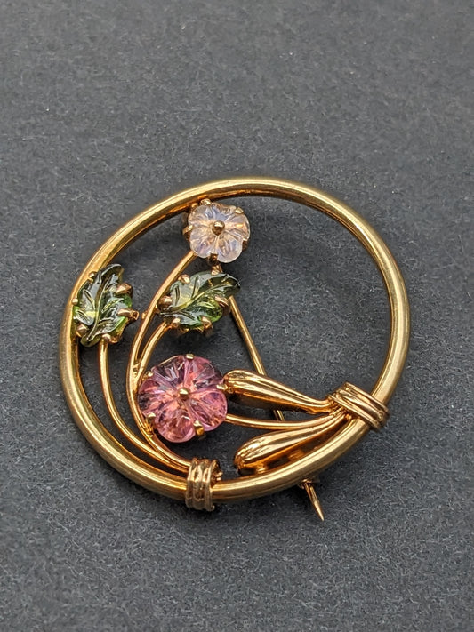 Carved tourmaline 14k floral brooch