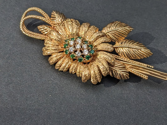 14K Emerald and Diamond Flower Brooch