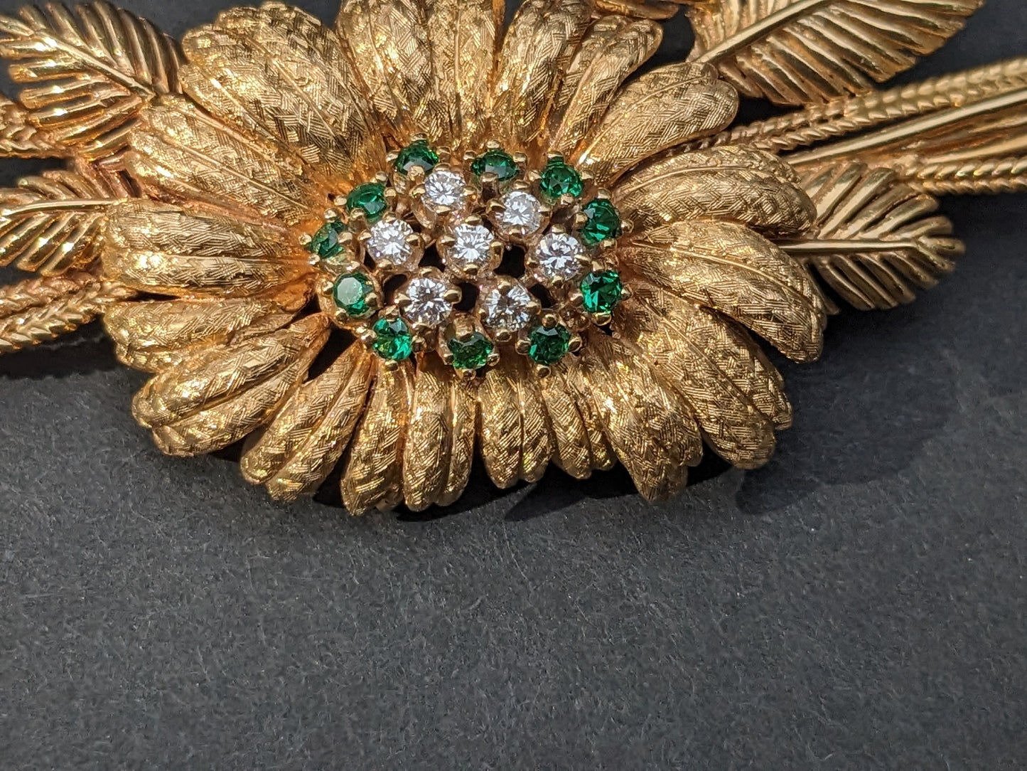 14K Emerald and Diamond Flower Brooch