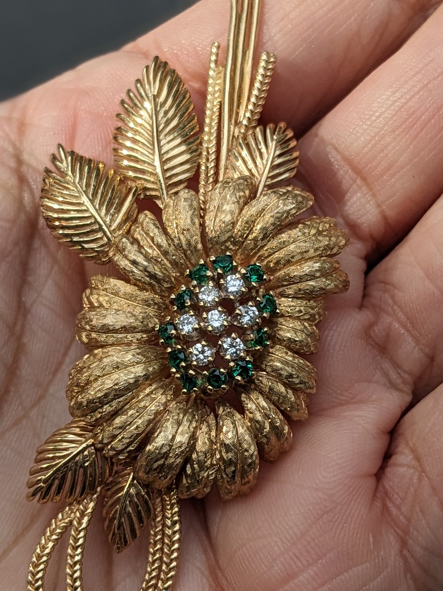 14K Emerald and Diamond Flower Brooch