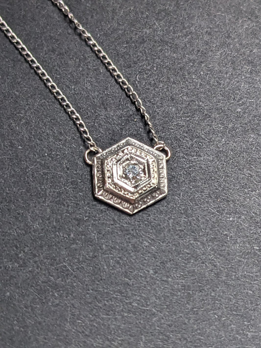 14K White Gold Art Deco Hexagon Old European Diamond Necklace