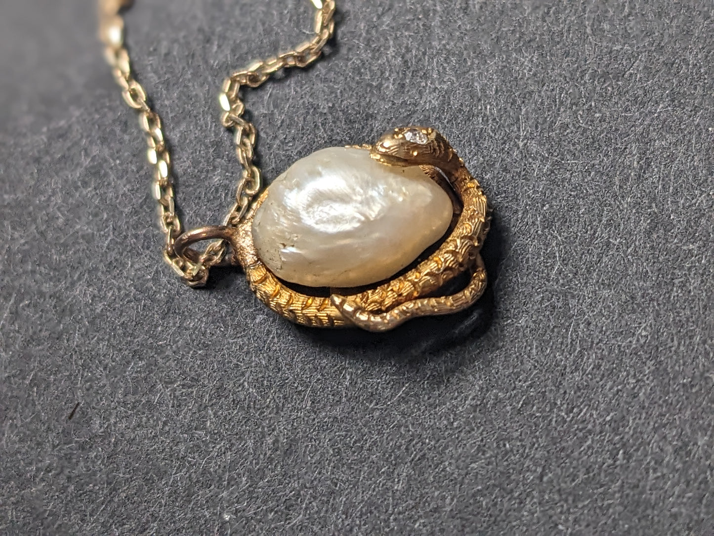 18K Art Nouveau Snake with Mine Cut Diamond and Natural Pearl on 14K Chain