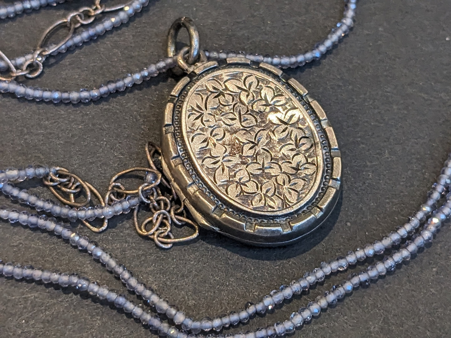 English Engraved Locket Sterling on Long Iolite Necklace