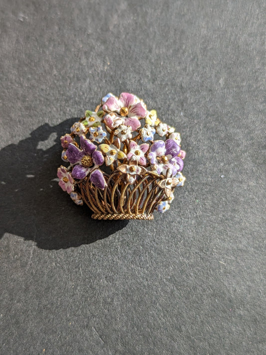 14k Enamel Flower Basket Brooch