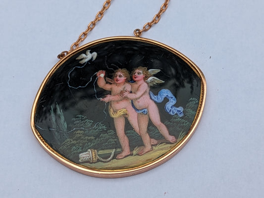 18k Rose Gold Portuguese Enamel Cherubs Pendant and Chain