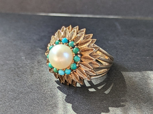 Turquoise pearl flower ring 10K