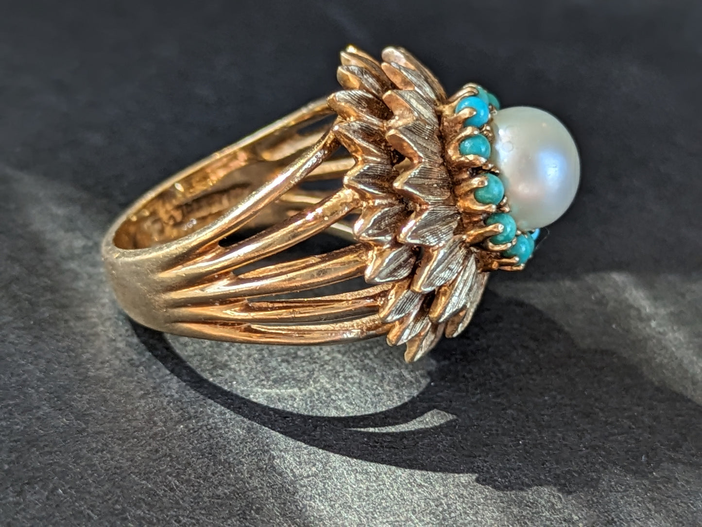 Turquoise pearl flower ring 10K