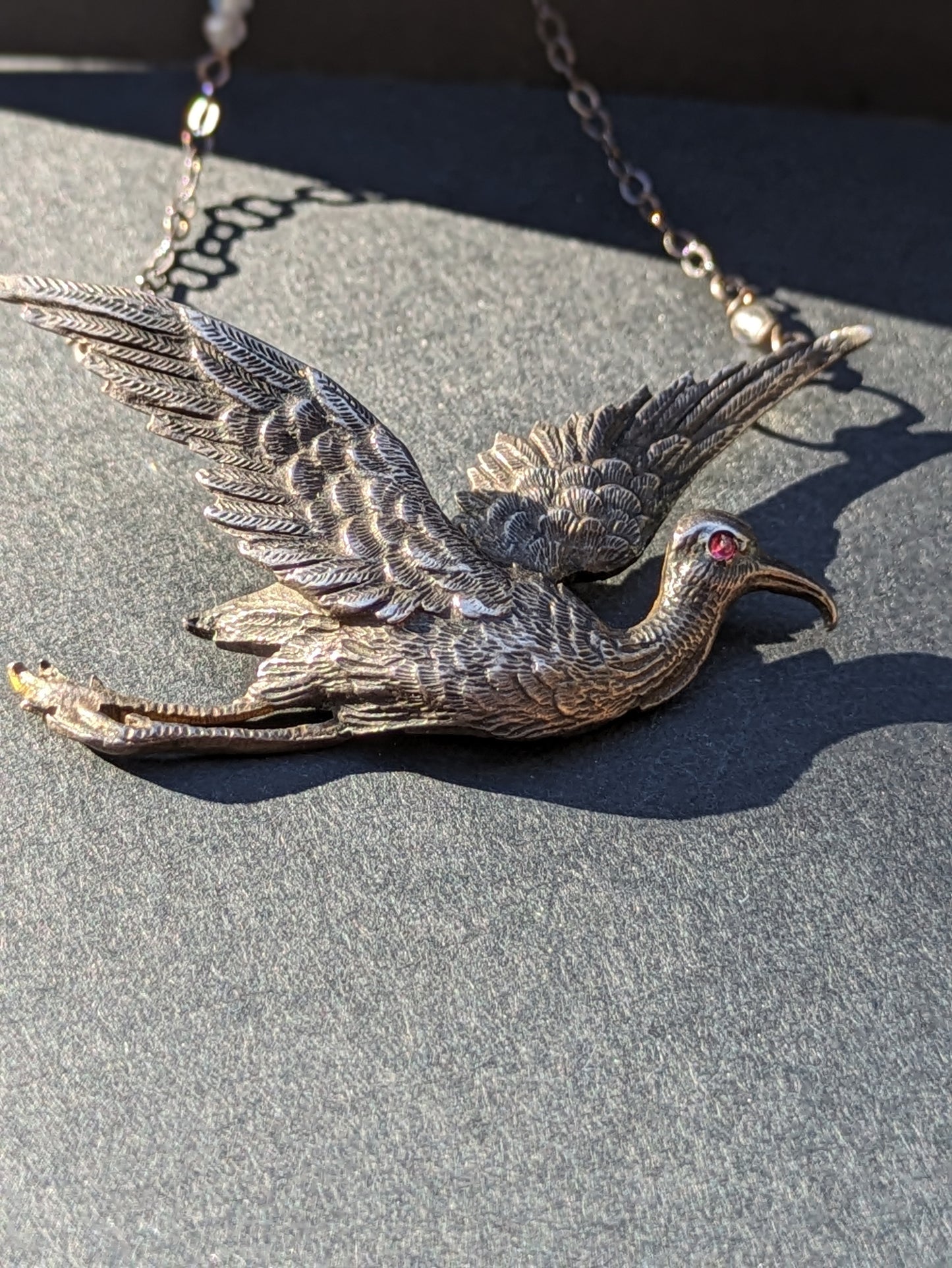 Late 1800s French Silver Stork on Oxidized Necklace