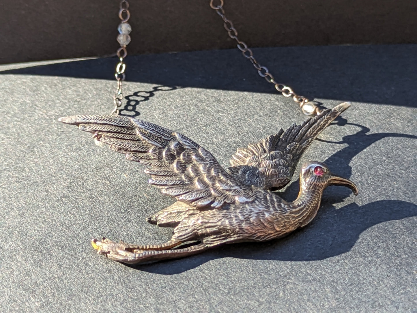 Late 1800s French Silver Stork on Oxidized Necklace